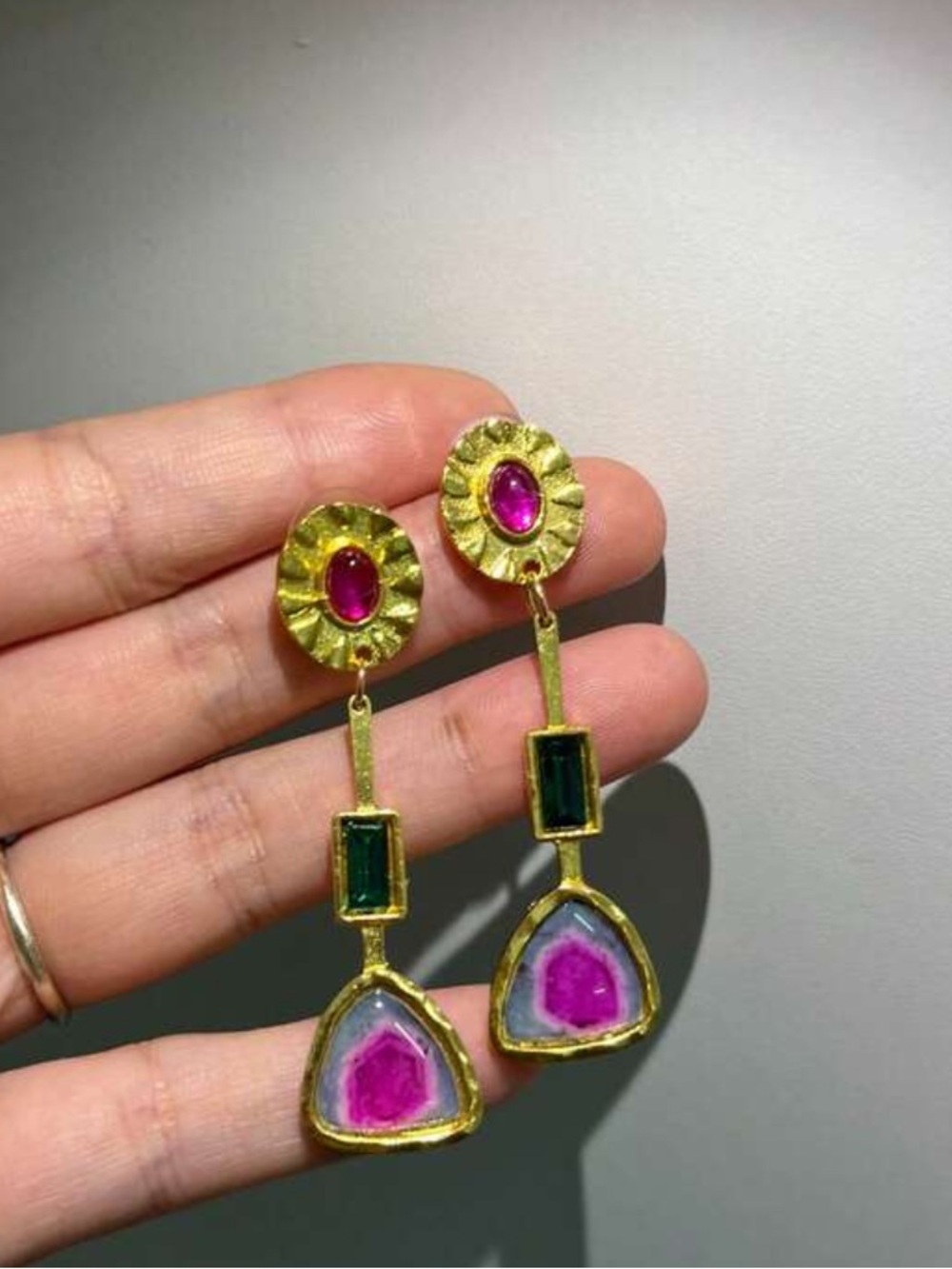 Gold-Tone Pink & Green Gemstone Drop Earrings R 457